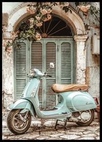 Afiș de epocă cu o vespa verde mentă în fața unei uși vechi ciudate, cu viță de vie înflorită-2