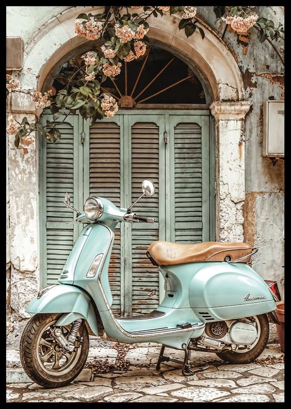 Afiș de epocă cu o vespa verde mentă în fața unei uși vechi ciudate, cu viță de vie înflorită-12