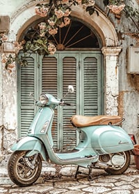 Vintage poster with a mint green vespa in front of a quaint old door with blooming vines-7
