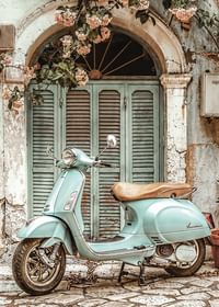 Afiș de epocă cu o vespa verde mentă în fața unei uși vechi ciudate, cu viță de vie înflorită-3