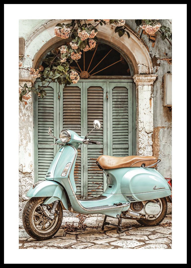 Vintage poster with a mint green vespa in front of a quaint old door with blooming vines-12