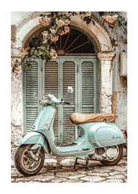 Vintage poster with a mint green vespa in front of a quaint old door with blooming vines-1