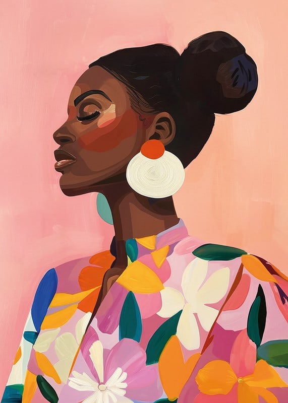Poster with a colorful painting of a woman in floral clothes-12