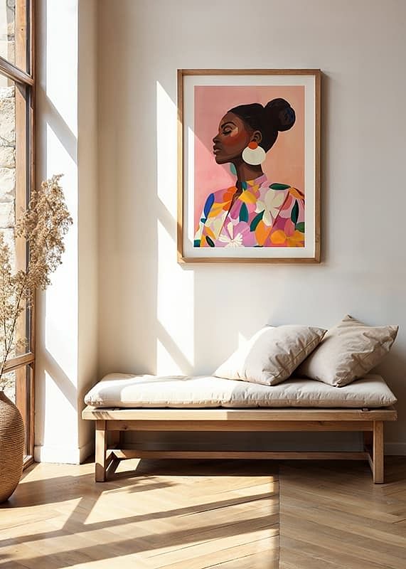 Poster mit einem farbenfrohen Gemälde einer Frau in geblümter Kleidung-12