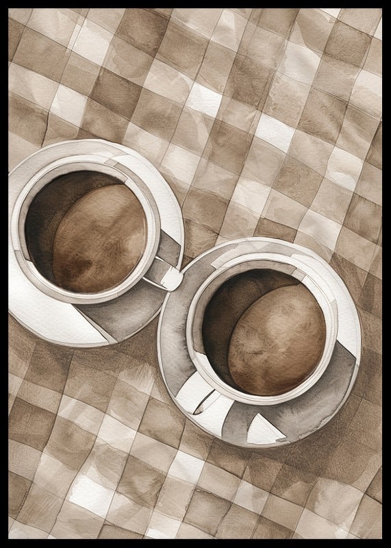 Poster with a watercolor painting of two coffee cups on a checkered canvas-12
