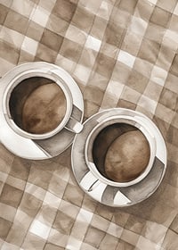 Poster with a watercolor painting of two coffee cups on a checkered canvas-7