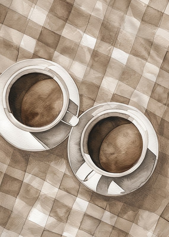 Poster with a watercolor painting of two coffee cups on a checkered canvas-12