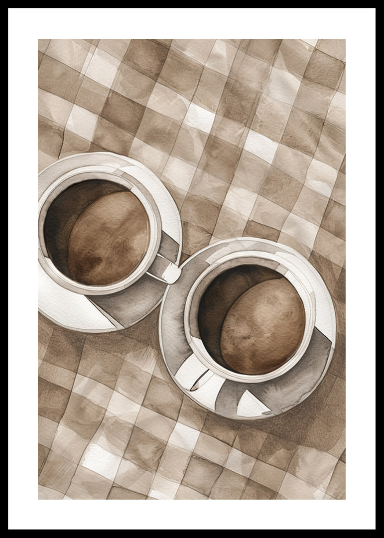Poster with a watercolor painting of two coffee cups on a checkered canvas-12