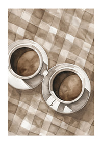 Poster with a watercolor painting of two coffee cups on a checkered canvas-1