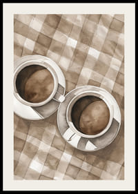 Plakatas su dviejų kavos puodelių akvarele ant languotos drobės-2