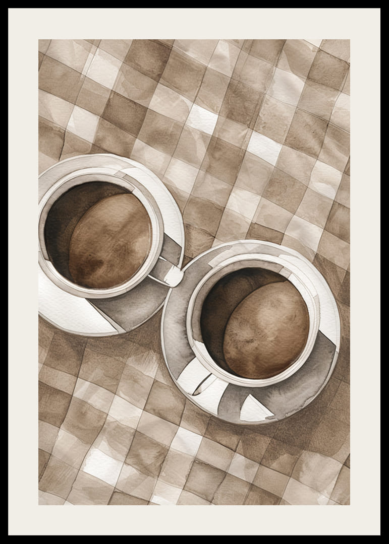 Plakatas su dviejų kavos puodelių akvarele ant languotos drobės-12