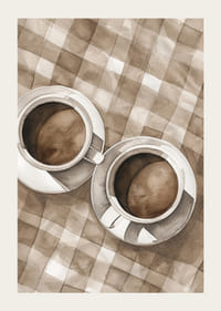 Plakatas su dviejų kavos puodelių akvarele ant languotos drobės-3