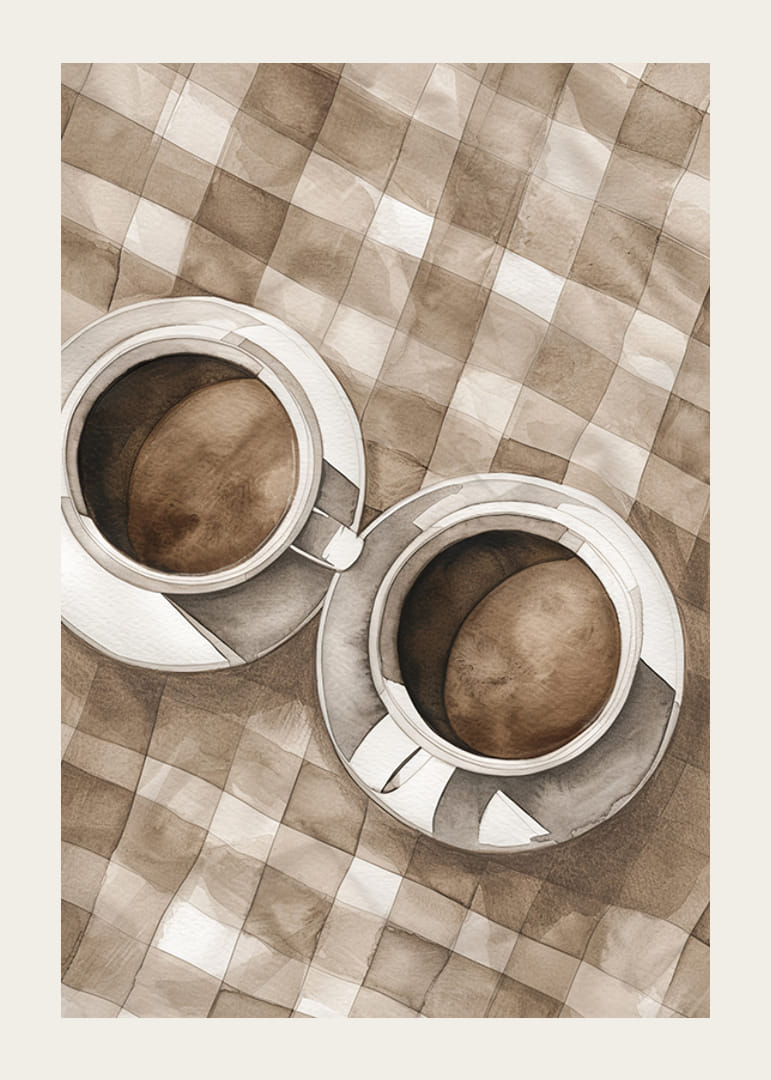 Plakatas su dviejų kavos puodelių akvarele ant languotos drobės-12