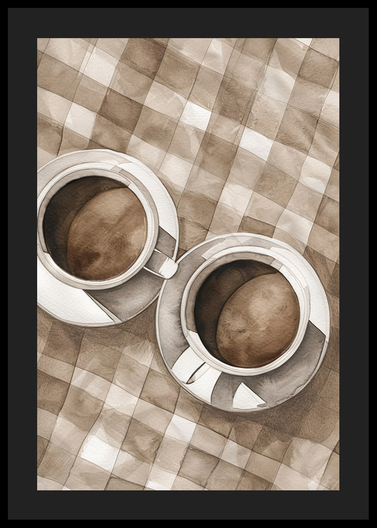 Poster with a watercolor painting of two coffee cups on a checkered canvas-12