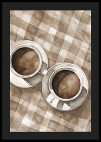 Plakatas su dviejų kavos puodelių akvarele ant languotos drobės-4