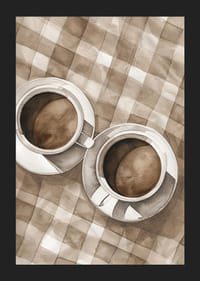 Plakatas su dviejų kavos puodelių akvarele ant languotos drobės-5