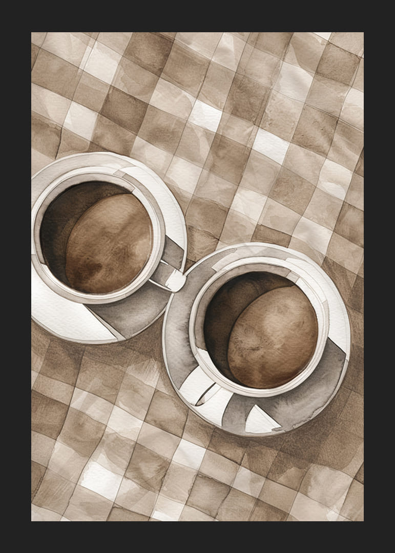 Plakatas su dviejų kavos puodelių akvarele ant languotos drobės-12