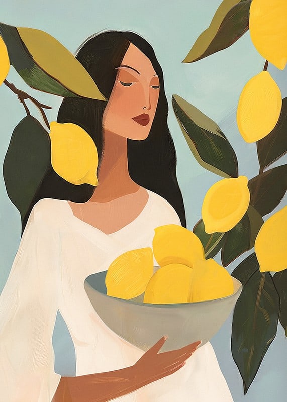 Poster with a painting of a woman with yellow lemons-12