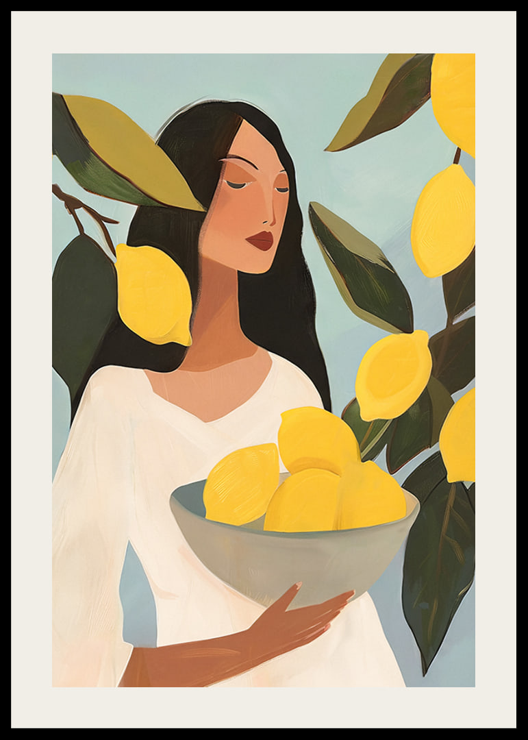 Poster with a painting of a woman with yellow lemons-12