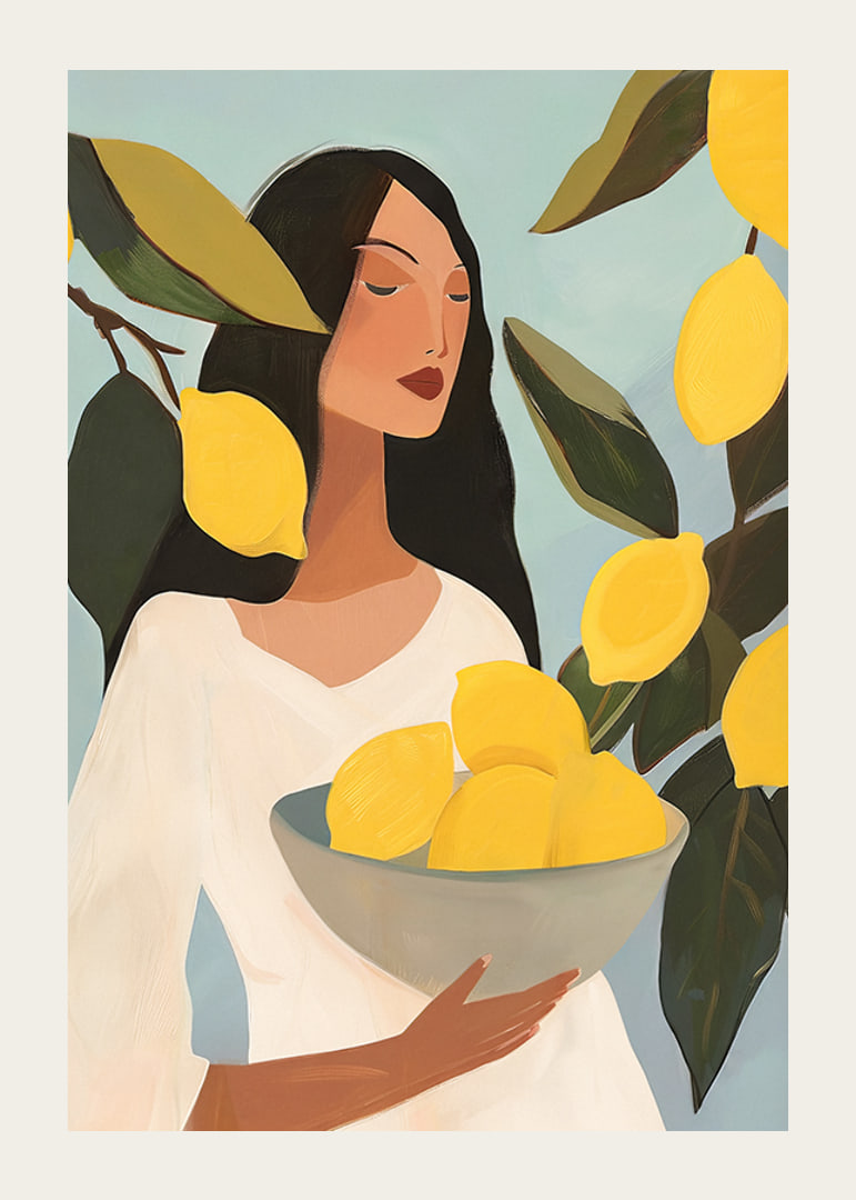 Poster with a painting of a woman with yellow lemons-12