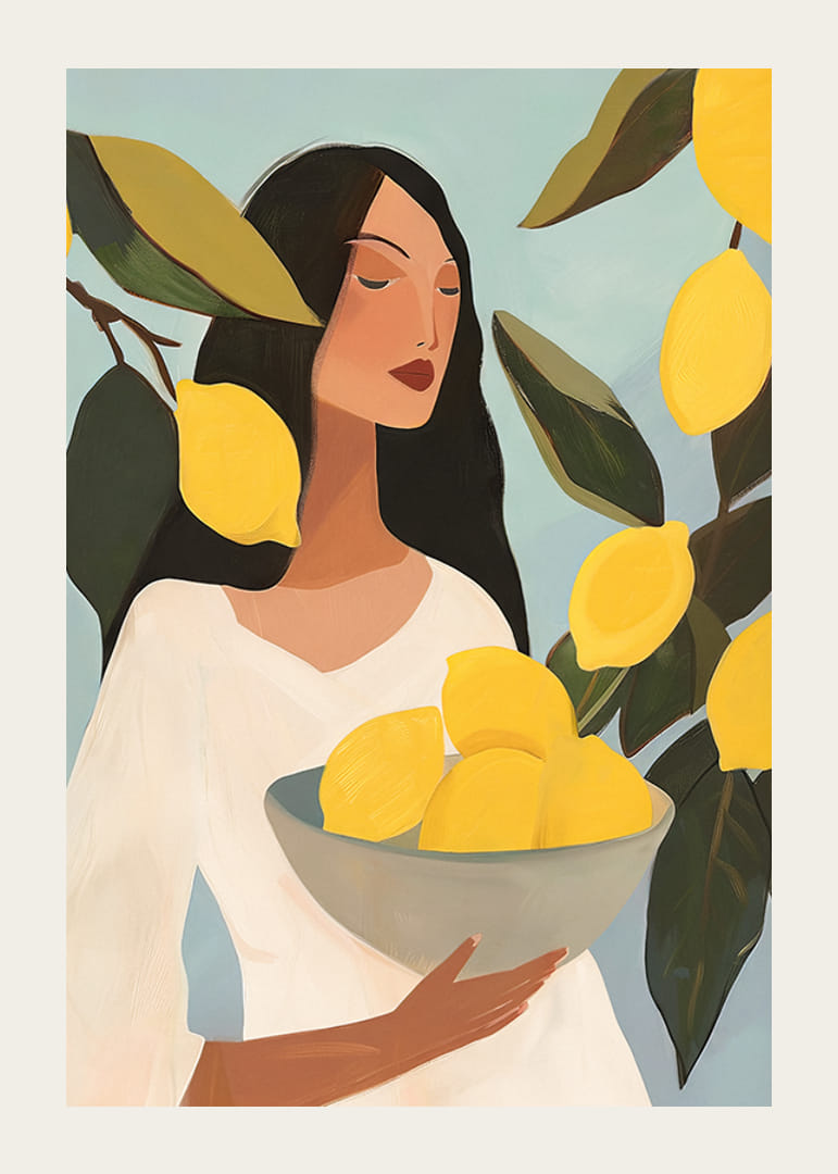 Affisch med en målning av en kvinna med gula citroner-12