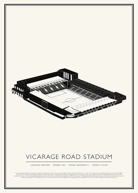 Vicarage Road Stadium Vintage Skiss affisch-12