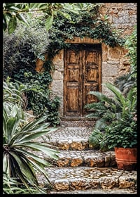 Poster of a weathered wooden gate surrounded by lush greenery-6