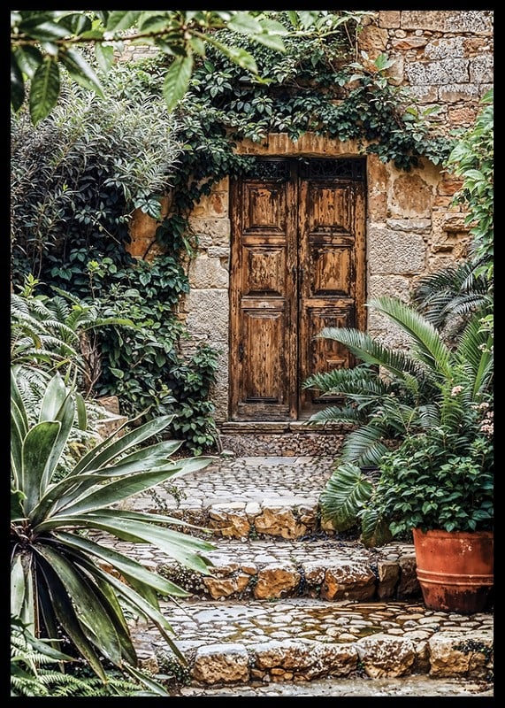 Poster of a weathered wooden gate surrounded by lush greenery-12