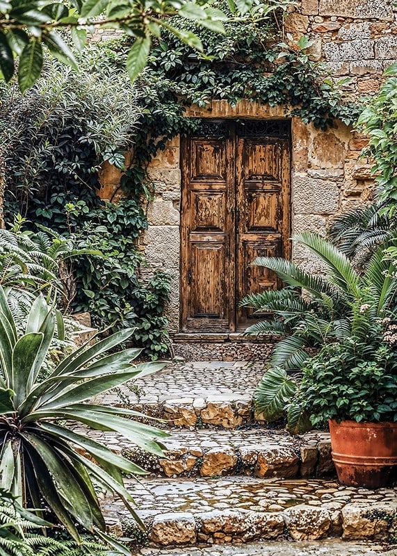 Poster of a weathered wooden gate surrounded by lush greenery-12