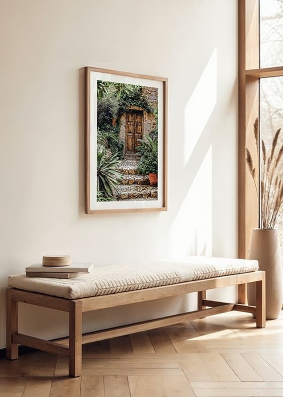 Poster of a weathered wooden gate surrounded by lush greenery-12