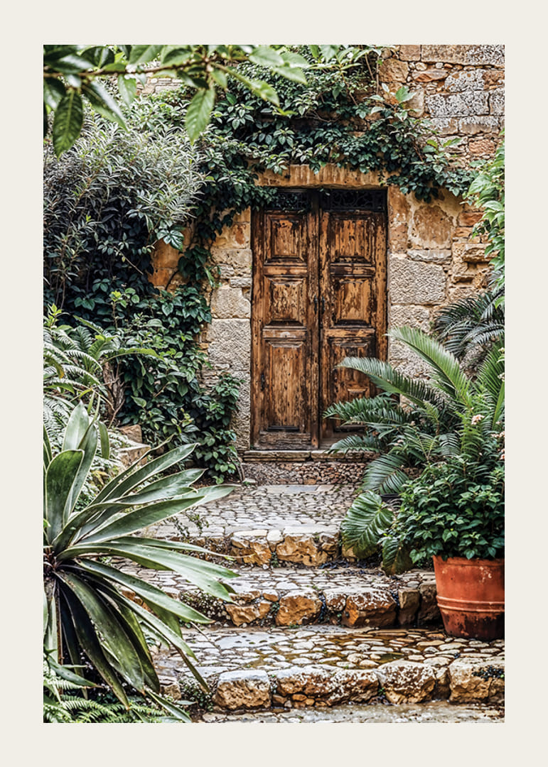 Poster of a weathered wooden gate surrounded by lush greenery-12