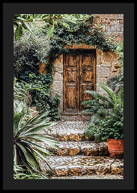 Poster of a weathered wooden gate surrounded by lush greenery-4