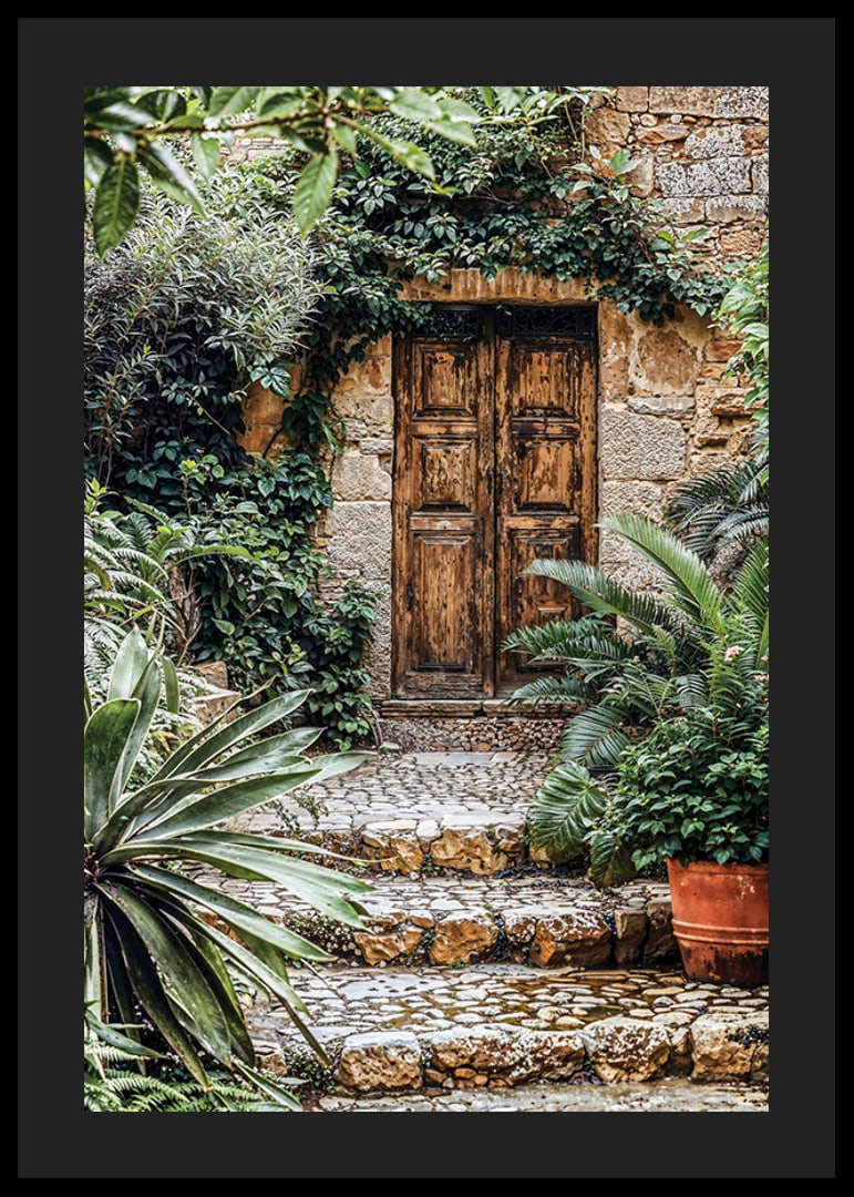 Poster of a weathered wooden gate surrounded by lush greenery-12