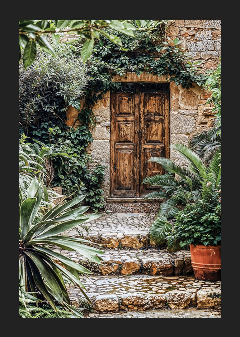 Poster of a weathered wooden gate surrounded by lush greenery-12