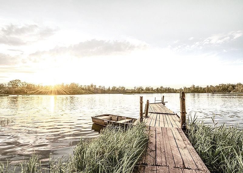 Afiș cu o dimineață liniștită lângă un lac la răsărit-12