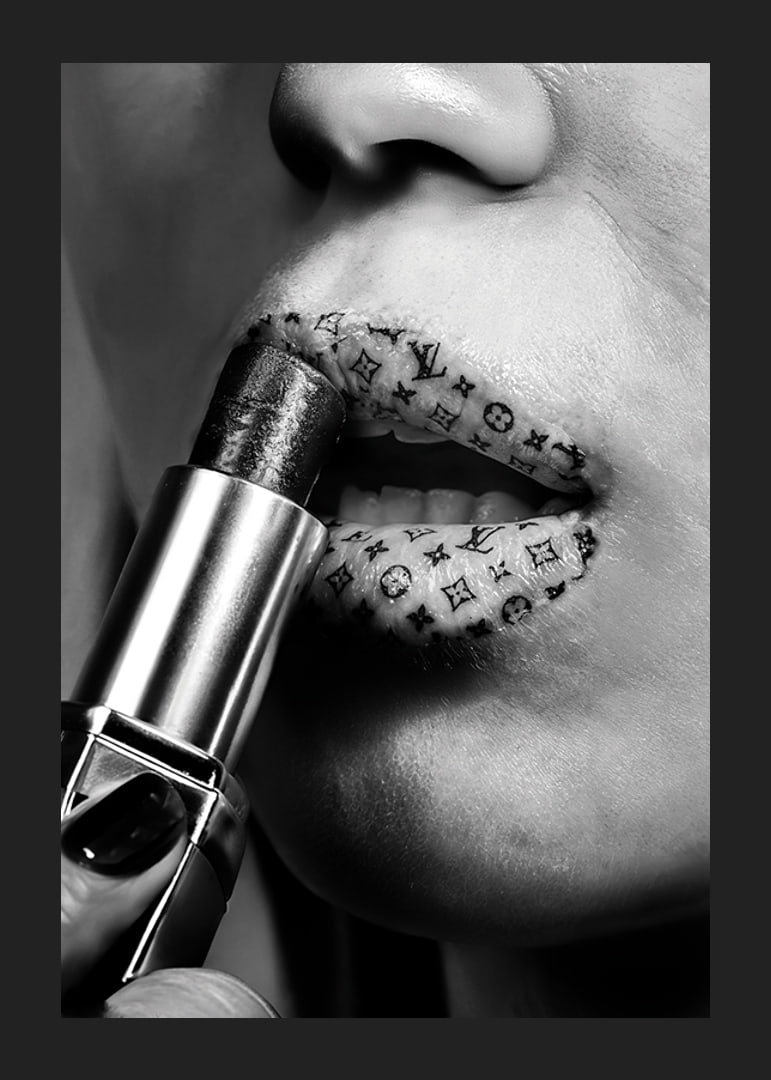 Poster with lipsticks with designs from fashion houses such as Louis Vuitton-12