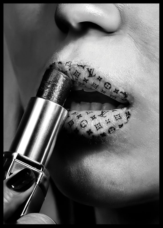 Poster with lipsticks with designs from fashion houses such as Louis Vuitton-12