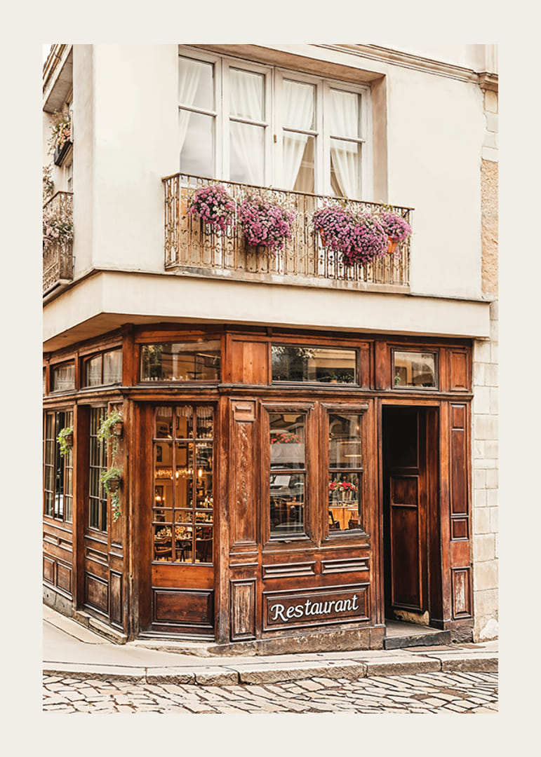 Poster of a quaint restaurant on a cobbled street-12