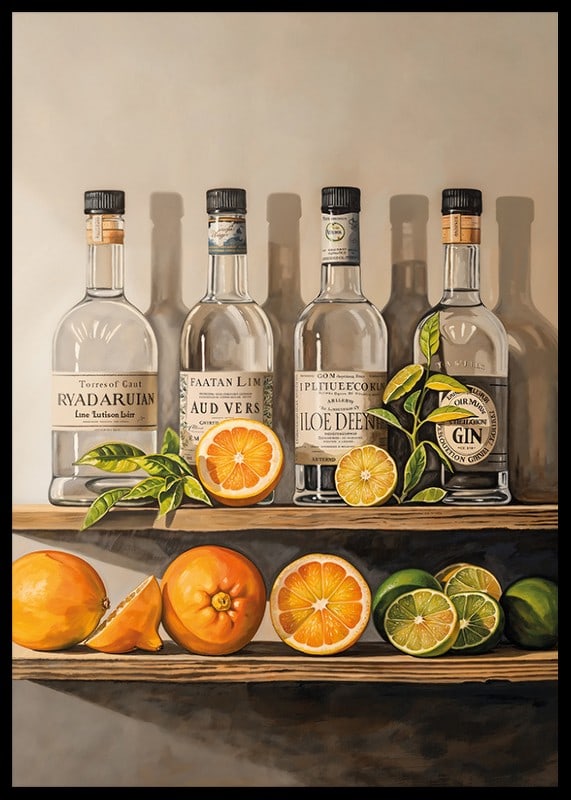 Poster with Gin bottles on a shelf with fruit-12