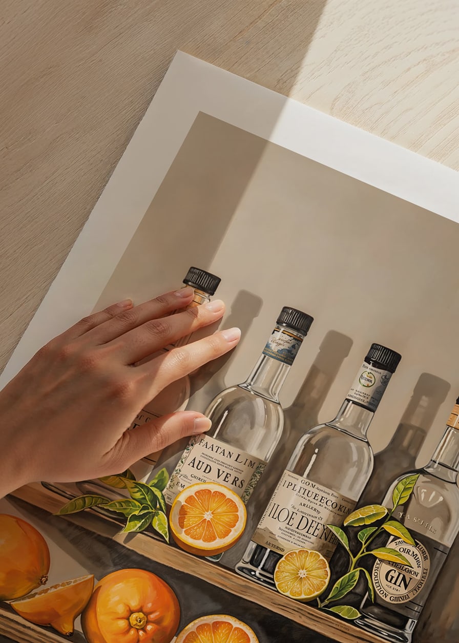 Poster with Gin bottles on a shelf with fruit-12