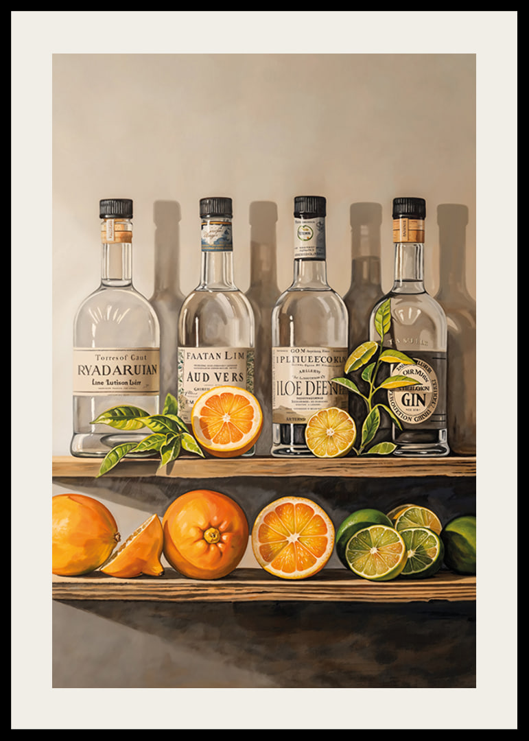 Poster with Gin bottles on a shelf with fruit-12