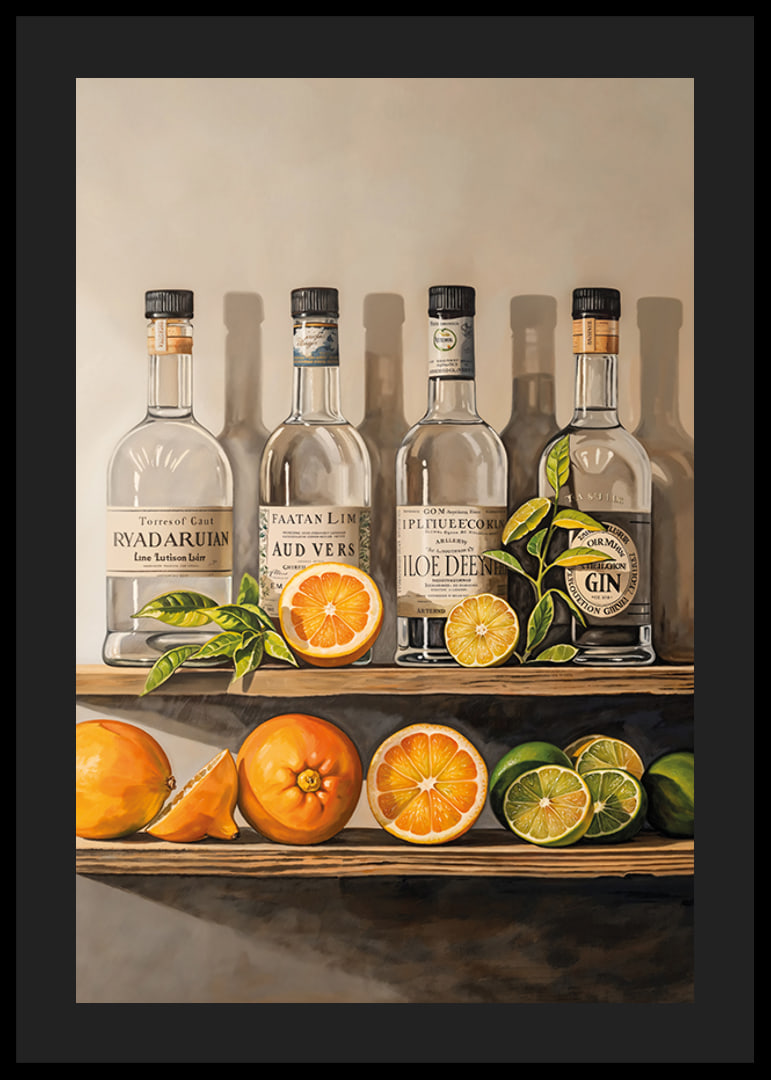Poster with Gin bottles on a shelf with fruit-12