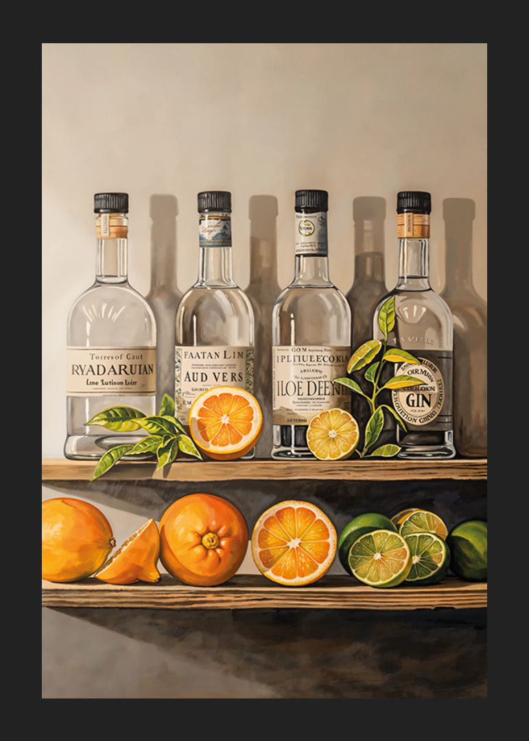 Poster with Gin bottles on a shelf with fruit-12