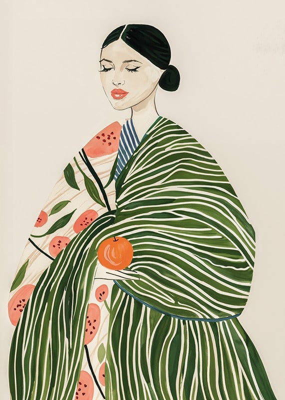 Poster with a watercolor painting of a woman with an orange-12