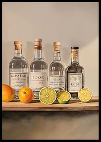 Póster con cuatro botellas de Ginebra y fruta.-2