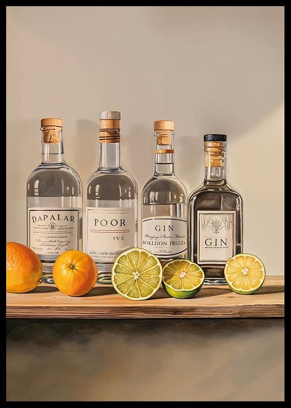 Póster con cuatro botellas de Ginebra y fruta.-12