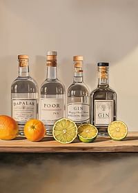 Póster con cuatro botellas de Ginebra y fruta.-3