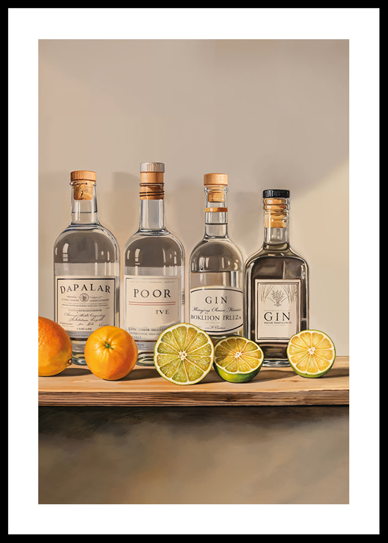 Poster with four bottles of Gin and fruit-12