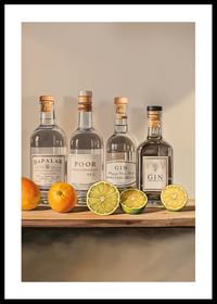 Póster con cuatro botellas de Ginebra y fruta.-0