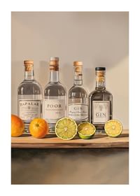 Póster con cuatro botellas de Ginebra y fruta.-1